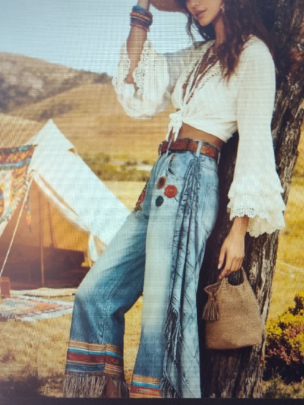 Boho Embroidered  Light Wash Wide-Leg Pants w / Fringe Jean (Material Not Jean ) - Picture 2 of 10